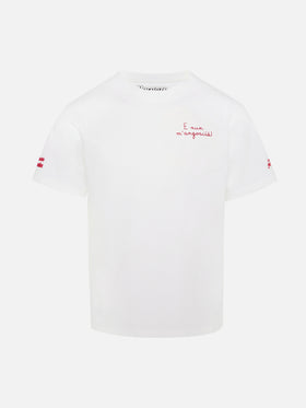 Cameron Warm winter cotton T-shirt in white with E nun m’angoscià! embroidery | VACANZE DI NATALE SPECIAL EDITION