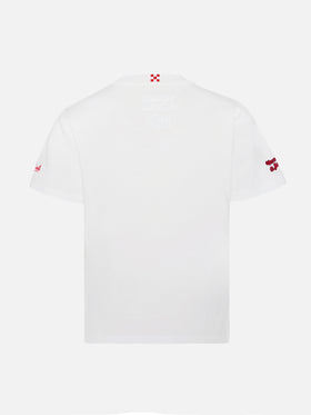 Cameron Warm winter cotton T-shirt in white with E nun m’angoscià! embroidery | VACANZE DI NATALE SPECIAL EDITION