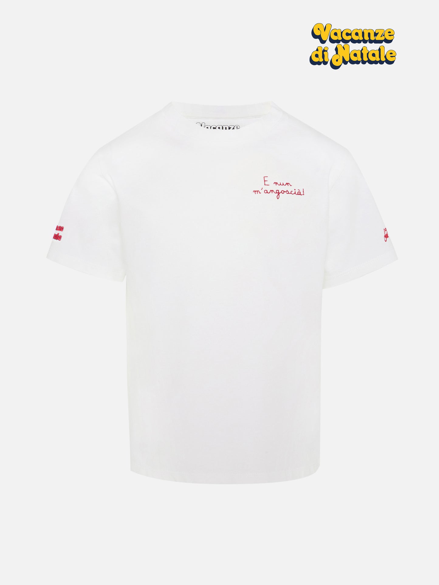 Cameron Warm winter cotton T-shirt in white with E nun m’angoscià! embroidery | VACANZE DI NATALE SPECIAL EDITION