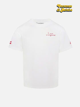 Cameron Warm winter cotton T-shirt in white with E nun m’angoscià! embroidery | VACANZE DI NATALE SPECIAL EDITION