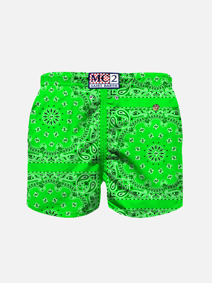 Boy fluo green swim shorts with bandanna print - MC2 Saint Barth