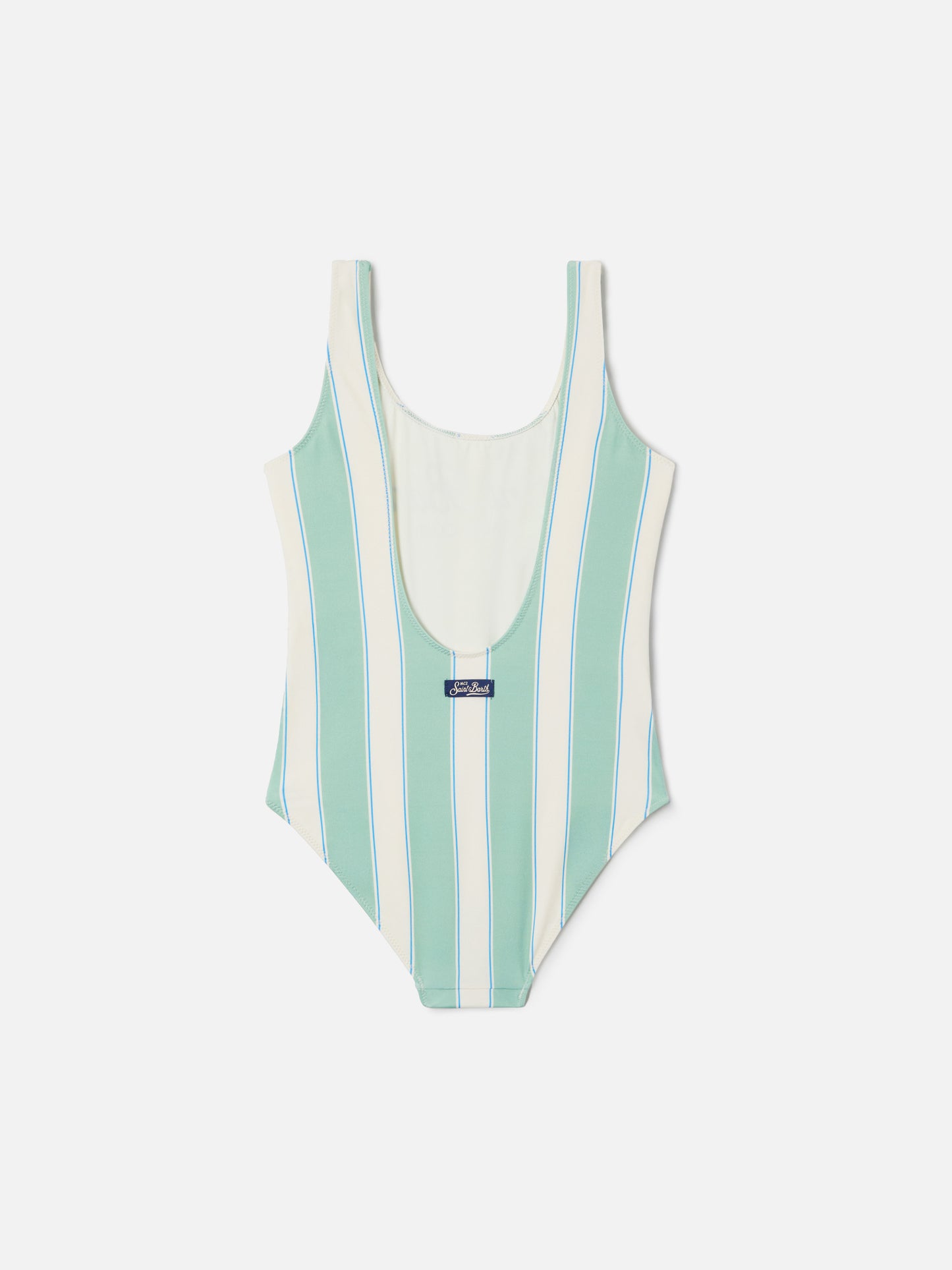 Cara einteiliger Badeanzug mit grün-weißen Streifen und Beach Club-Print 