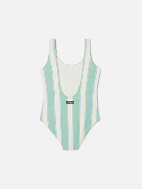 Cara einteiliger Badeanzug mit grün-weißen Streifen und Beach Club-Print 