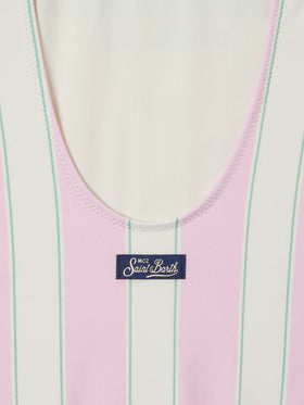 Cara pink and white striped one-piece swimsuit with Beach Club print
