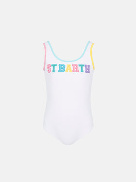 Cara white ribbed one-piece swimsuit with multicolor logo patch - MC2 Saint Barth