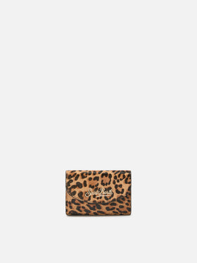 Porte-cartes en cuir brossé et poil de veau imprimé léopard 