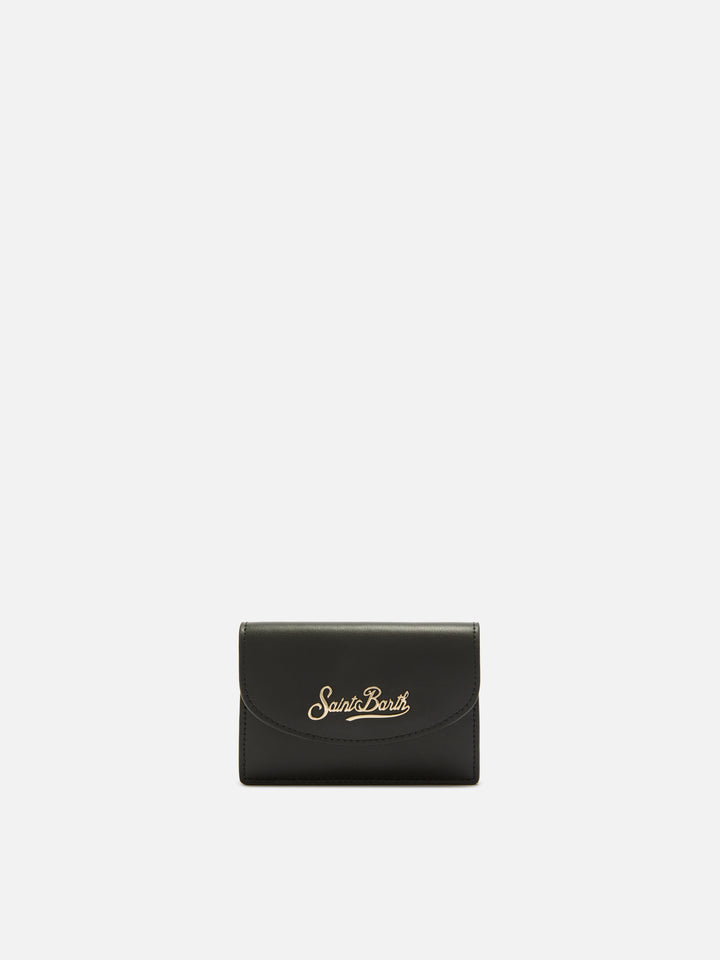 Black leather card holder with logo print