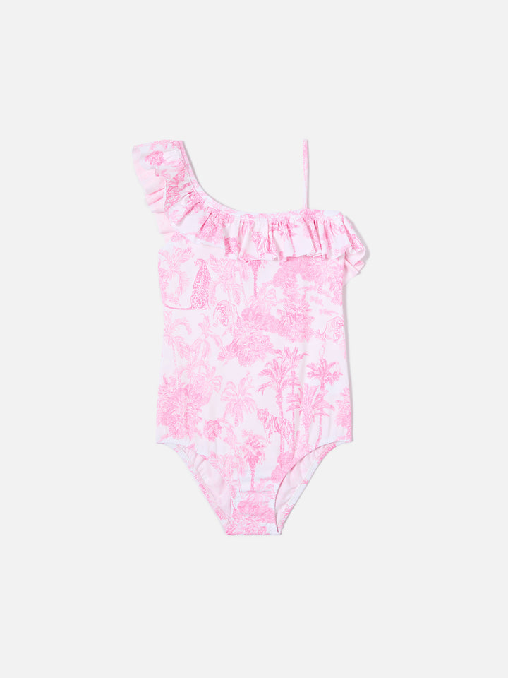 Costume intero monospalla Carin con stampa toile de jouy rosa