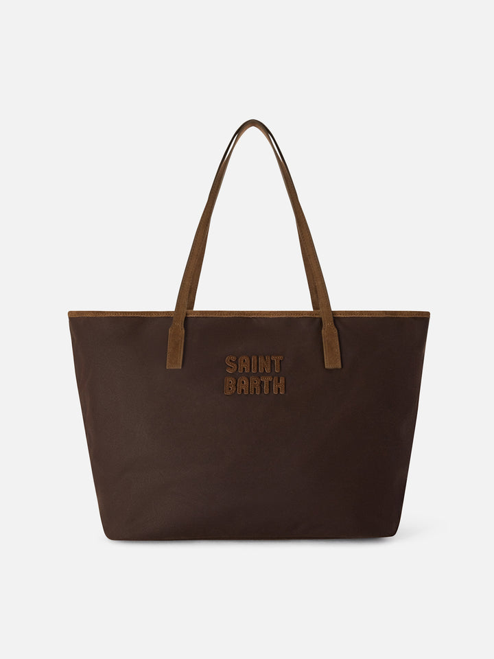 Borsa Large City marrone in tessuto cerato con ricamo logo