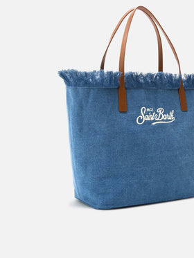 Borsa City regular in tessuto denim con frange
