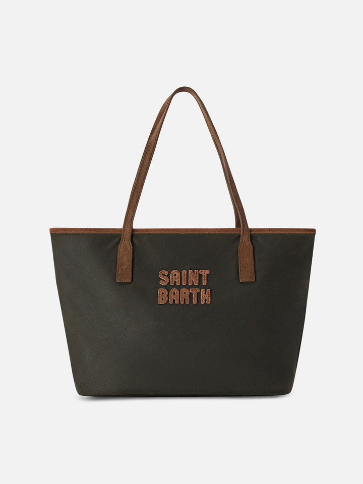 Borsa Medium City verde militare in tessuto cerato con ricamo logo
