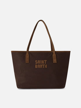 Borsa Medium City marrone in tessuto cerato con ricamo logo