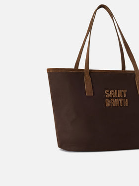 Borsa Medium City marrone in tessuto cerato con ricamo logo