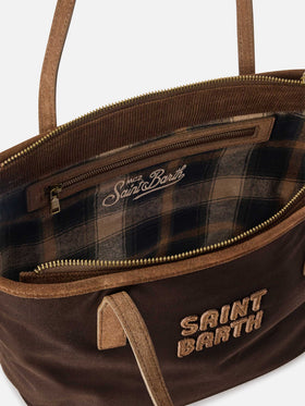 Borsa Medium City marrone in tessuto cerato con ricamo logo