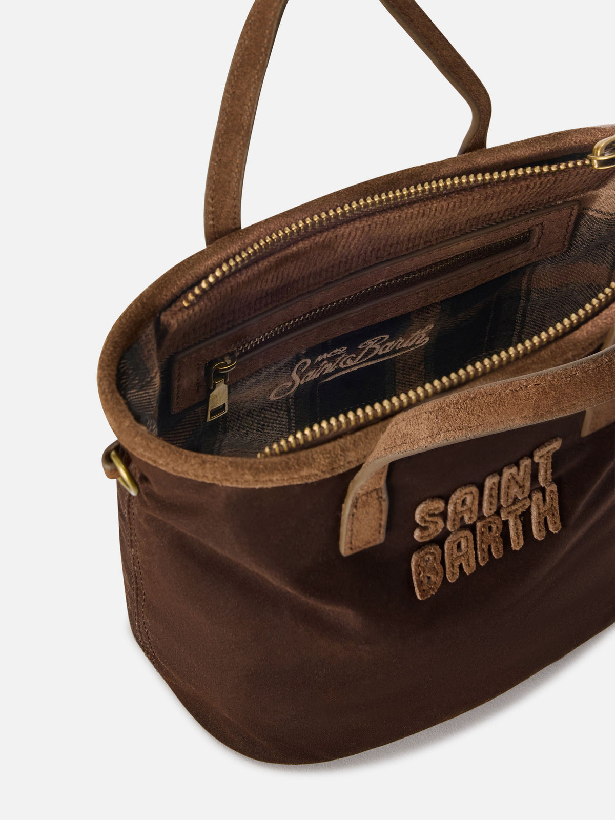 Borsa Mini City marrone in tessuto cerato con ricamo logo