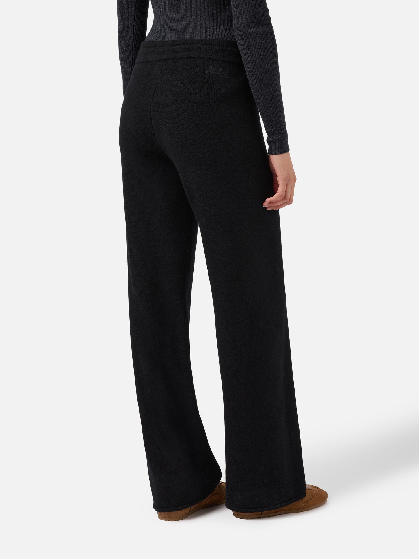 Cambon Palazzo-Hose aus reiner Wolle, schwarz, hoher Bund mit Kordelzug