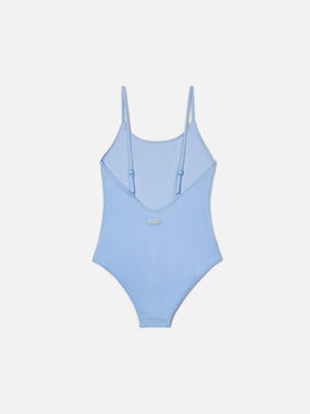 Cecille Jr one-piece swimsuit in glossy finish fabric with rhinestone logo
