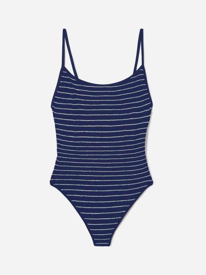 Costume intero Cecille String in tessuto crinkle a righe blu e bianche