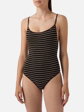 Costume intero Cecille String in tessuto crinkle a righe marroni e bianche