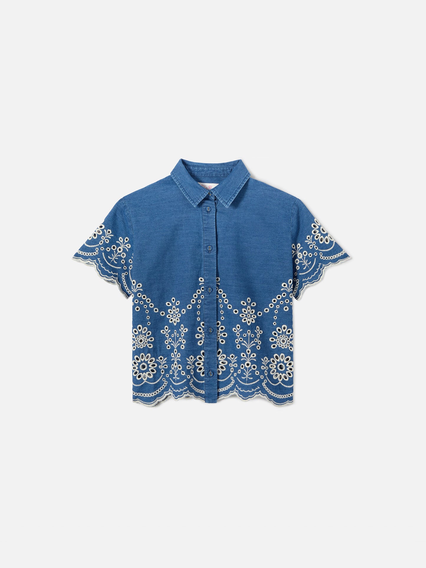Chemise Clementine Jr en chambray effet denim avec broderie sangallo 