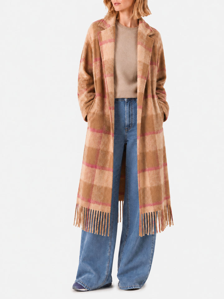 Cappotto lungo Charlot con frange a quadri marrone
