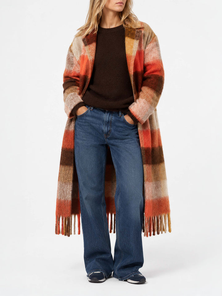 Manteau long Charlot avec franges et motif à carreaux 