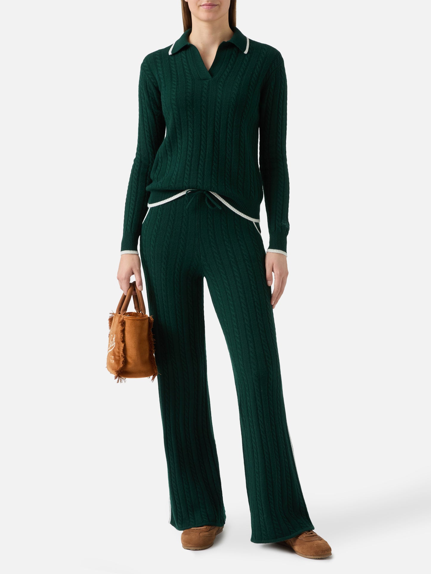Polo de lana de punto trenzado Clichy en verde British 