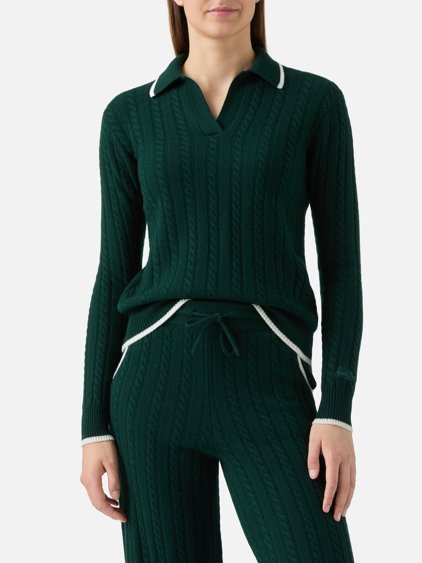 Polo de lana de punto trenzado Clichy en verde British 