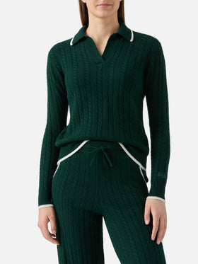 Polo de lana de punto trenzado Clichy en verde British 