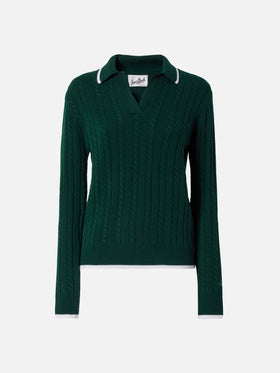 Polo de lana de punto trenzado Clichy en verde British 