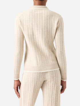 Pull en laine Beige Clichy à col polo avec maille pointelle 