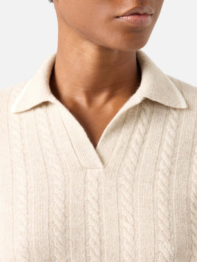 Pull en laine Beige Clichy à col polo avec maille pointelle 
