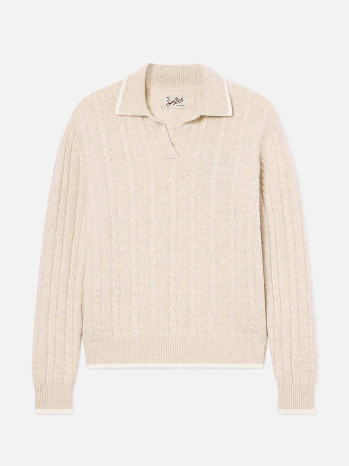 Polo de punto en lana Beige Clichy con cuello polo y puntada pointelle 