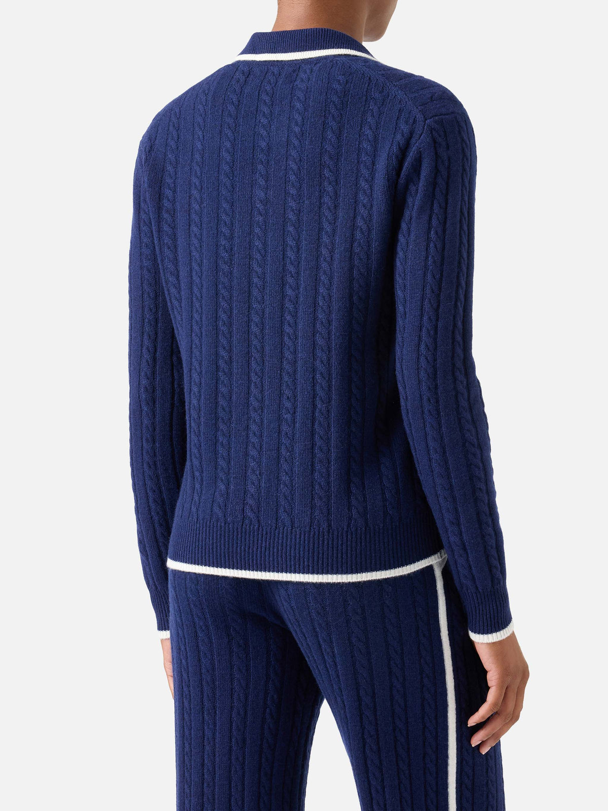 Maglia Clichy blu notte in lana con collo polo e punto pointelle