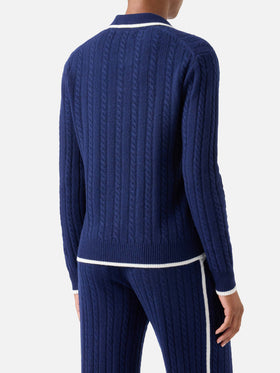 Maglia Clichy blu notte in lana con collo polo e punto pointelle