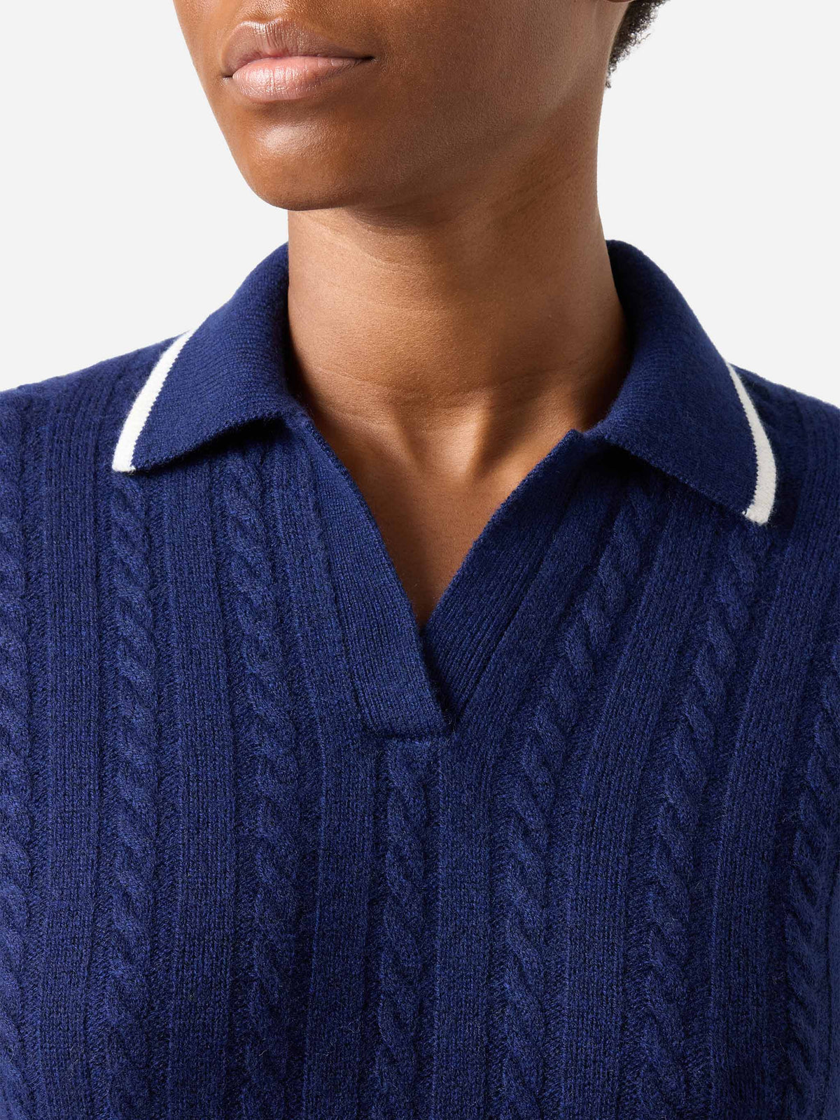 Maglia Clichy blu notte in lana con collo polo e punto pointelle