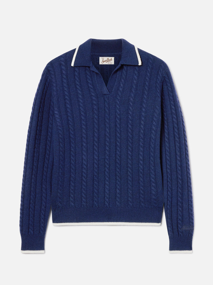 Polo de punto de lana Night blue Clichy con cuello polo y punto pointelle 