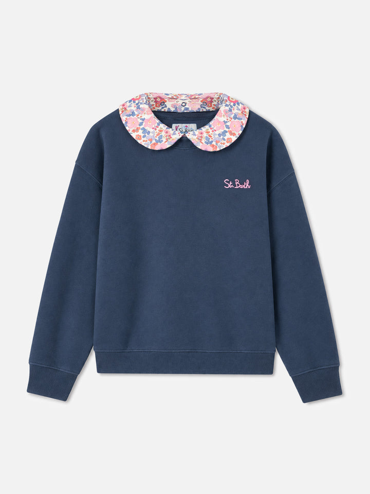 Sudadera azul de cuello redondo para niña Coleen con cuello floral 
