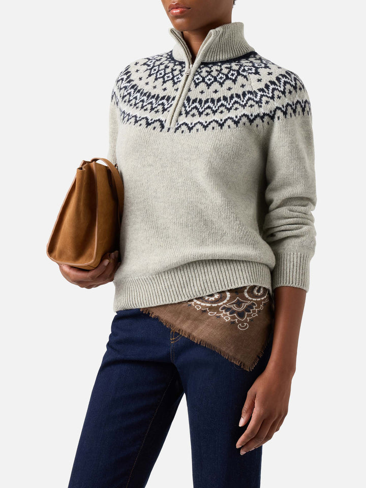 Maglia Clyde grigia in misto lana con mezza zip e motivo nordico