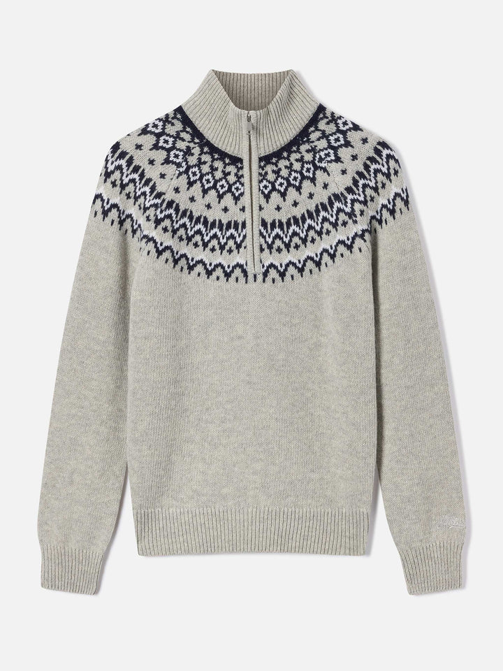 Grauer Clyde Half-Zip-Strick aus Wollmischung mit nordischem Muster 