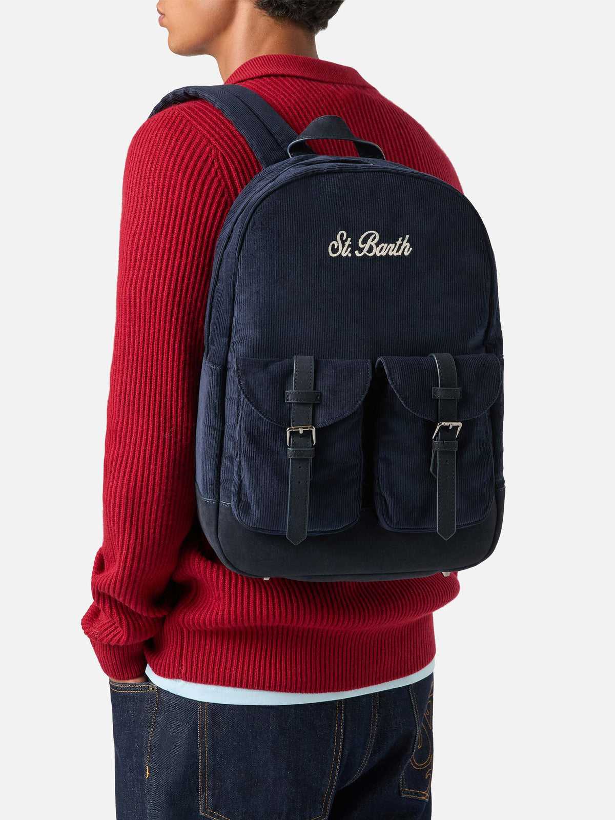 Sac à dos en velours côtelé Navy blue Cody avec logo brodé 