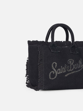 Schwarze Colette-Handtasche aus Baumwollcanvas mit Strasssteinen
