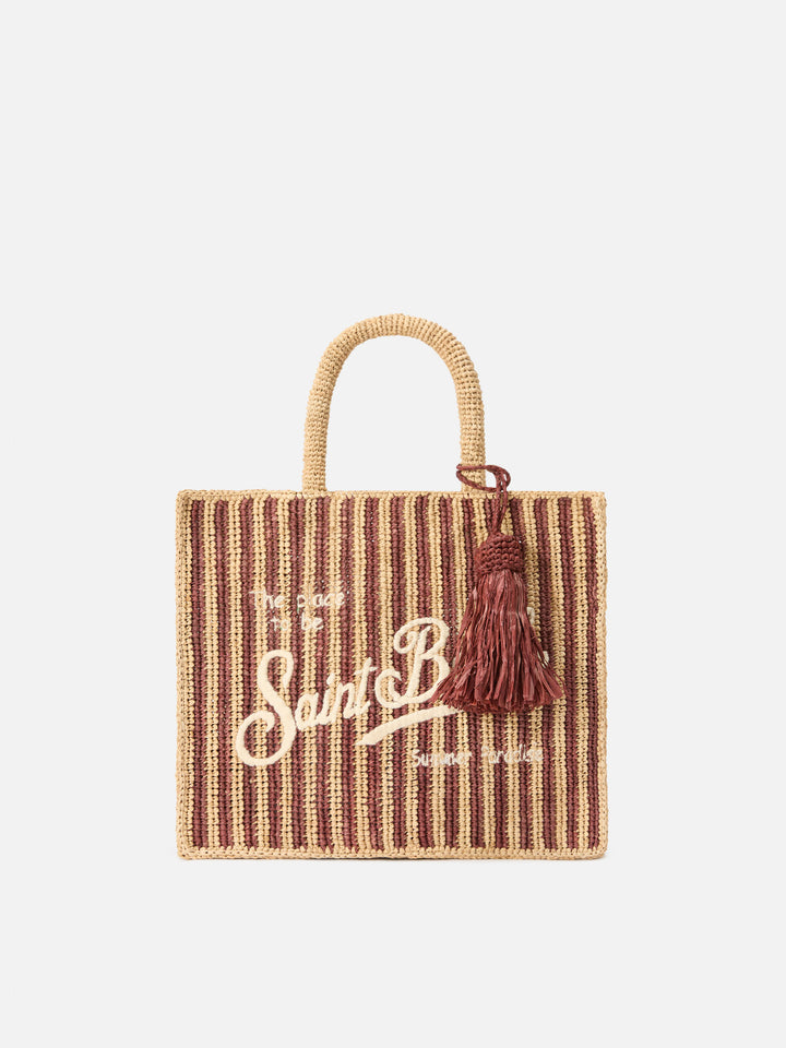 Bolso Colette de rafia a rayas con logo bordado y borla 
