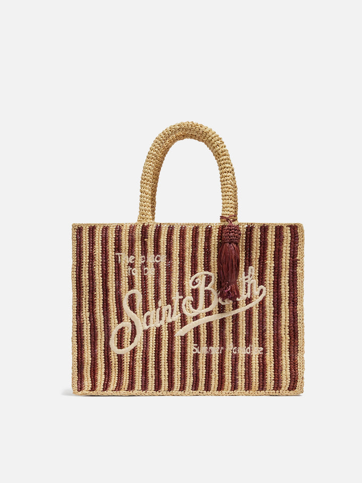 Bolso Colette de rafia a rayas con logo bordado y borla 