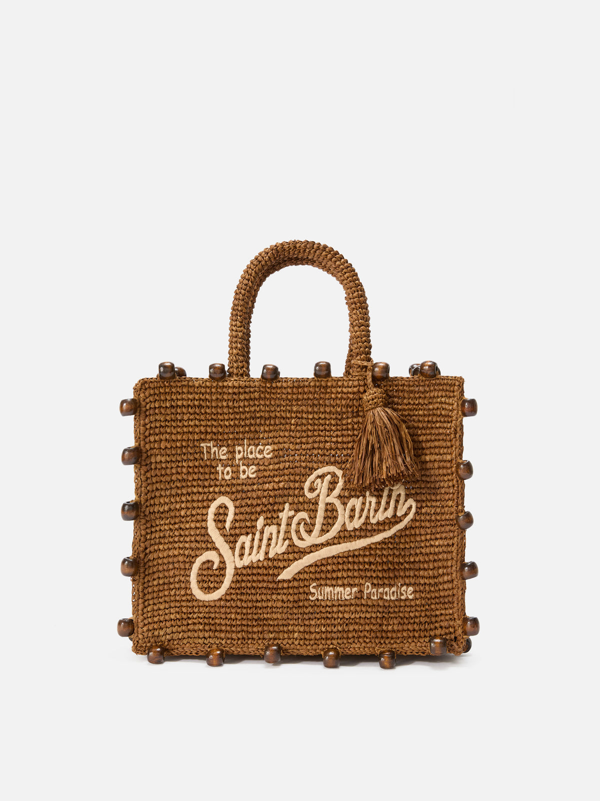 Bolso Colette de rafia con logo bordado y cuentas aplicadas 