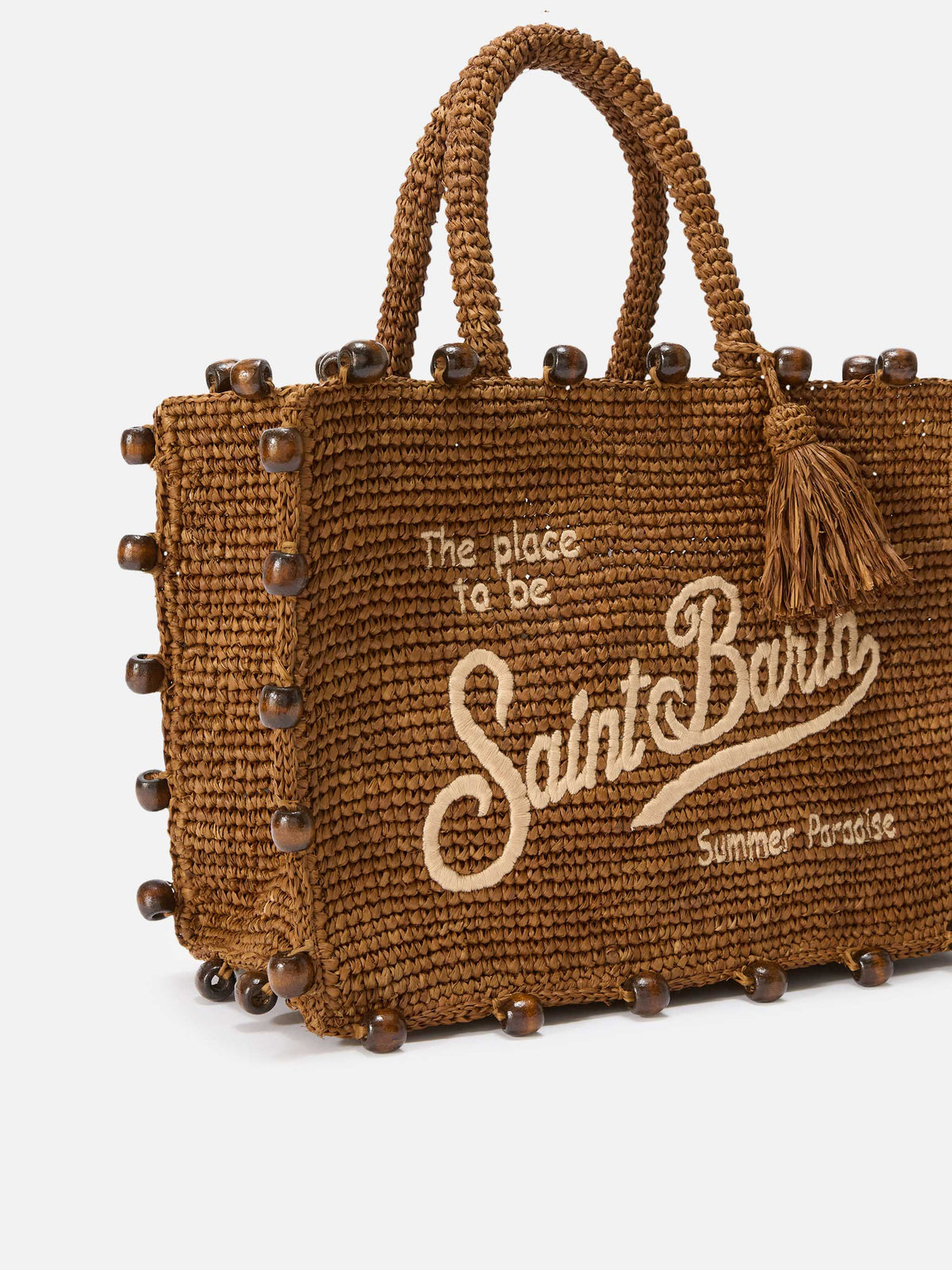 Bolso Colette de rafia con logo bordado y cuentas aplicadas 