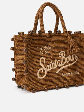 Bolso Colette de rafia con logo bordado y cuentas aplicadas 