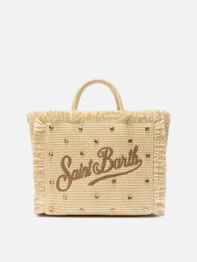 Colette bag in straw effect fabric with applied rhinestones