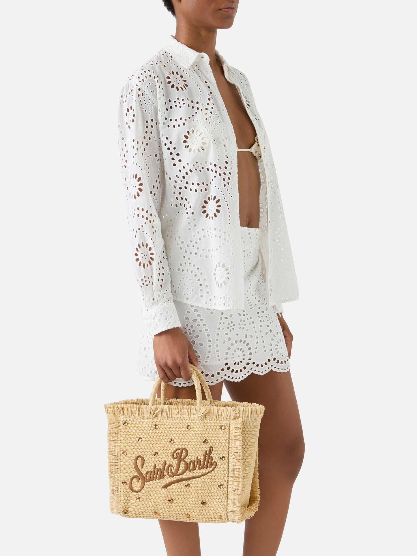 Colette bag in straw effect fabric with applied rhinestones