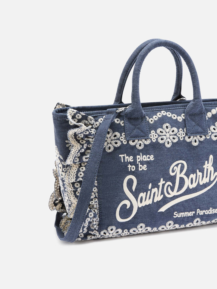 Bolso Colette Volant en denim dark wash con bordado decorativo 